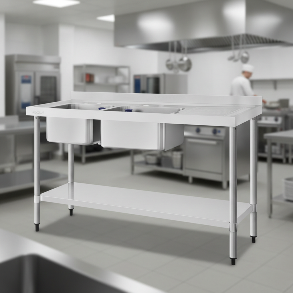 Stainless Steel Double Bowl Sink with Right Hand Drainer for Professional Kitchens