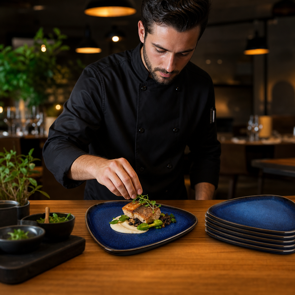 Triangular Plates Midnight Blue Stoneware for Restaurants (Pack of 6)