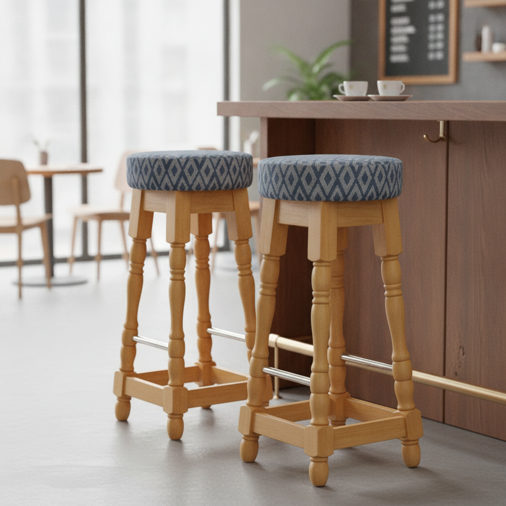 Rubber Wood High Bar Stools with Blue Diamond Seat 770x345mm for Pubs & Cafés (Pack of 2)