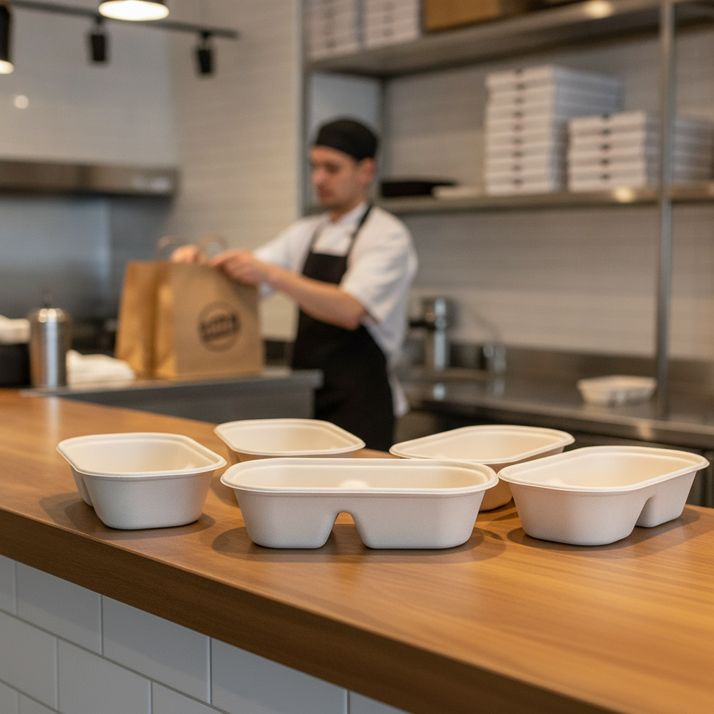 Bagasse Oval 2-Compartment Container 900ml for Takeaway Services (Pack of 100)
