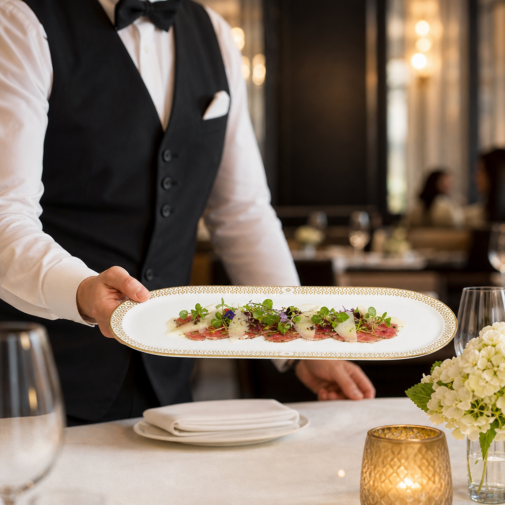 Oblong Trays Gold Bone China for Upscale Dining (Pack of 12)