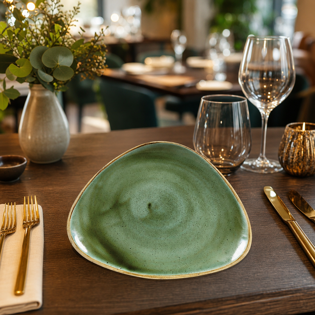Triangular Plates Green Vitrified Ceramic for Stylish Dining (Pack of 12)