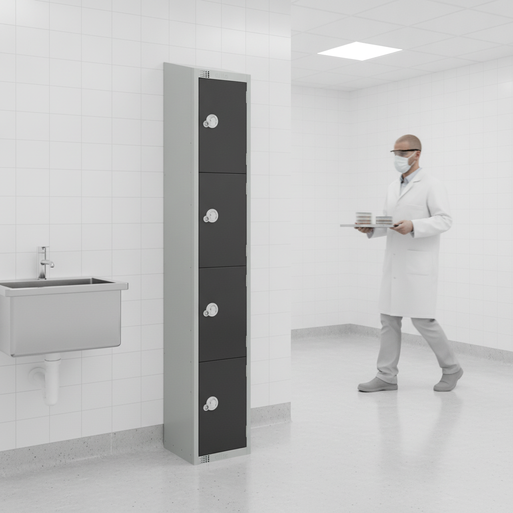 Powder Coated Steel Four Door Lockers Graphite Grey for Hygiene-Critical Areas