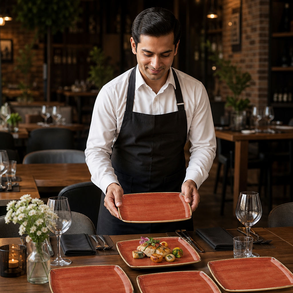Spiced Deep Square Plates 260mm Orange Vitrified Ceramic for Dining (Pack of 6)