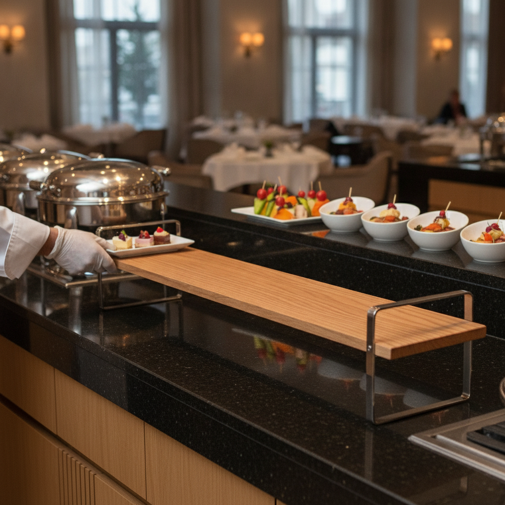 Oak Wood and Stainless Steel Medium High Presentation Table for Buffets