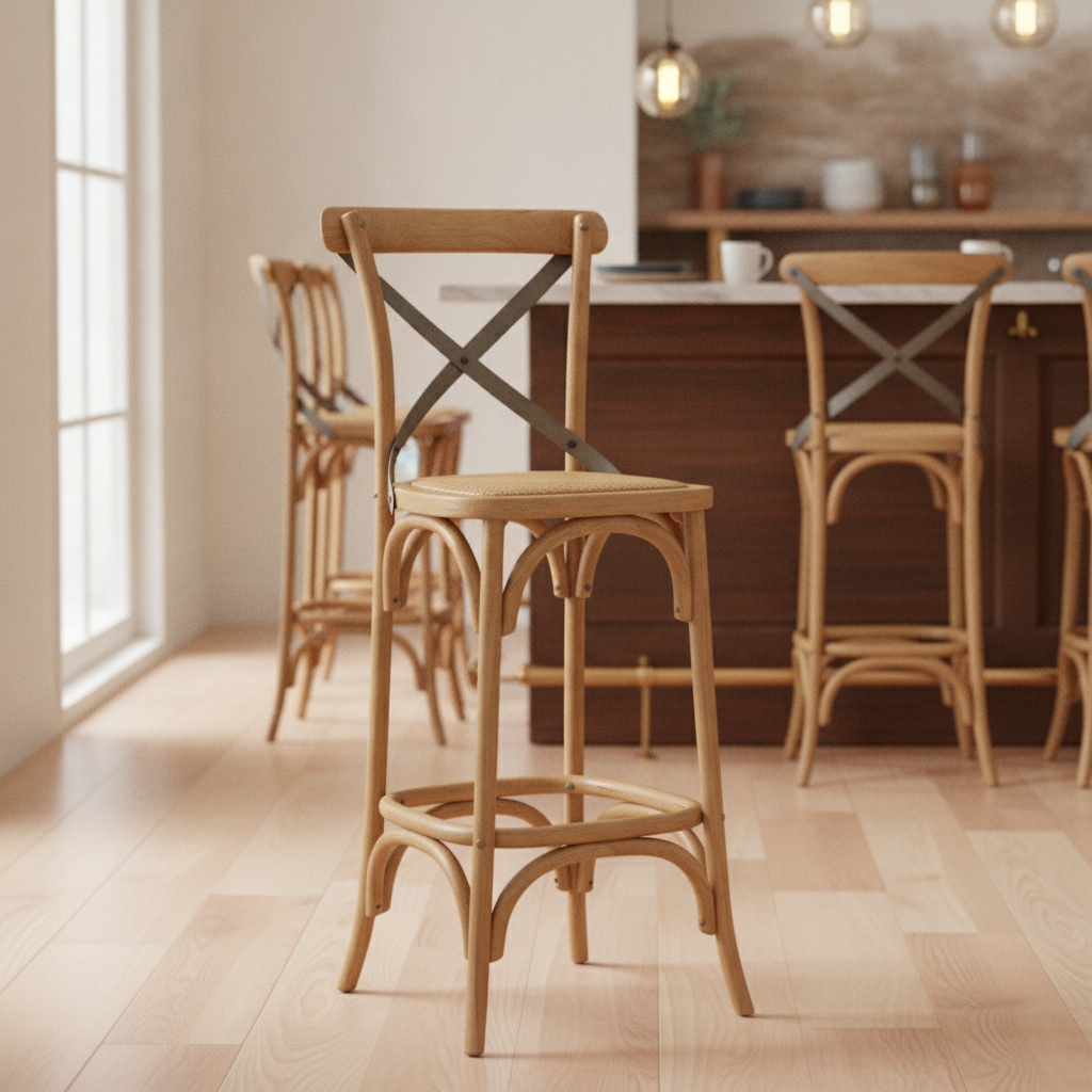 Birch Wood Barstool with Rattan Seat 1100x450mm for Cafés & Bistros