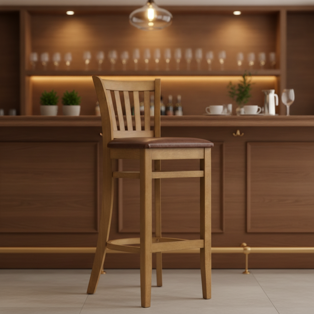 Rubber Wood Bar Chair with Padded Seat 1100mm for Commercial Use