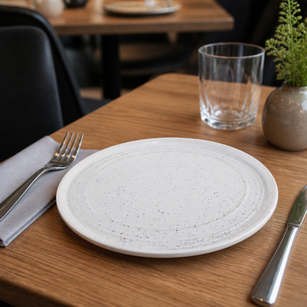 Speckle Flat Round Plates 220mm White Porcelain for Restaurants & Cafés (Pack of 6)