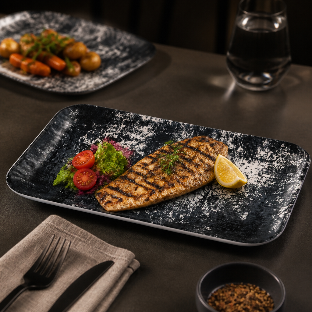 Organic Rectangular Plates Black China for Contemporary Dining (Pack of 12)