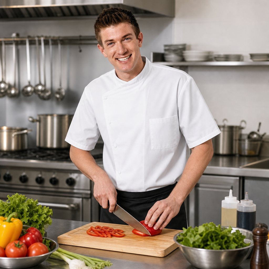 Mens Short Sleeve Polycotton Chef Jacket in White for Busy Kitchens