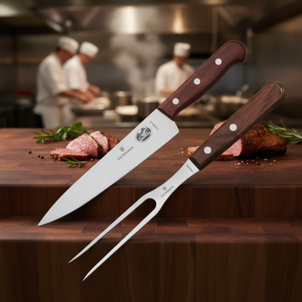 Stainless Steel Carving Knife and Fork Set for Professional Use