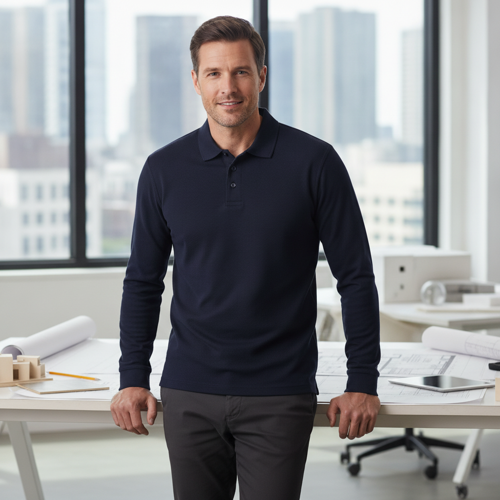 Polycotton Long Sleeve Polo Shirt Navy for Active Professionals