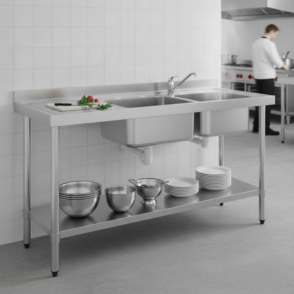 Stainless Steel Double Bowl Sink with Left Hand Drainer for Professional Kitchens