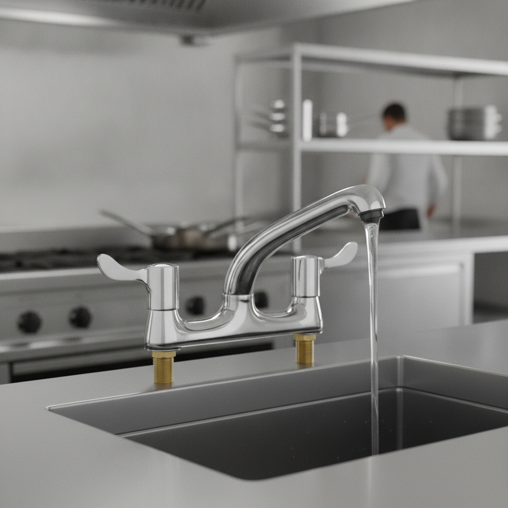 Polished Stainless Steel Twin Lever Deck Tap for Catering & Hospitality