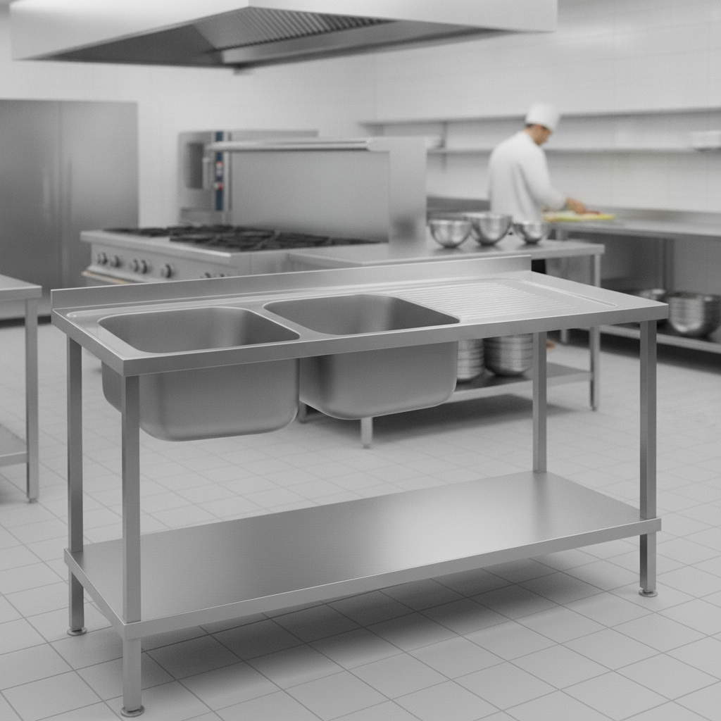 304 Stainless Steel Double Sink Unit with Right Hand Drainer for Commercial Kitchens