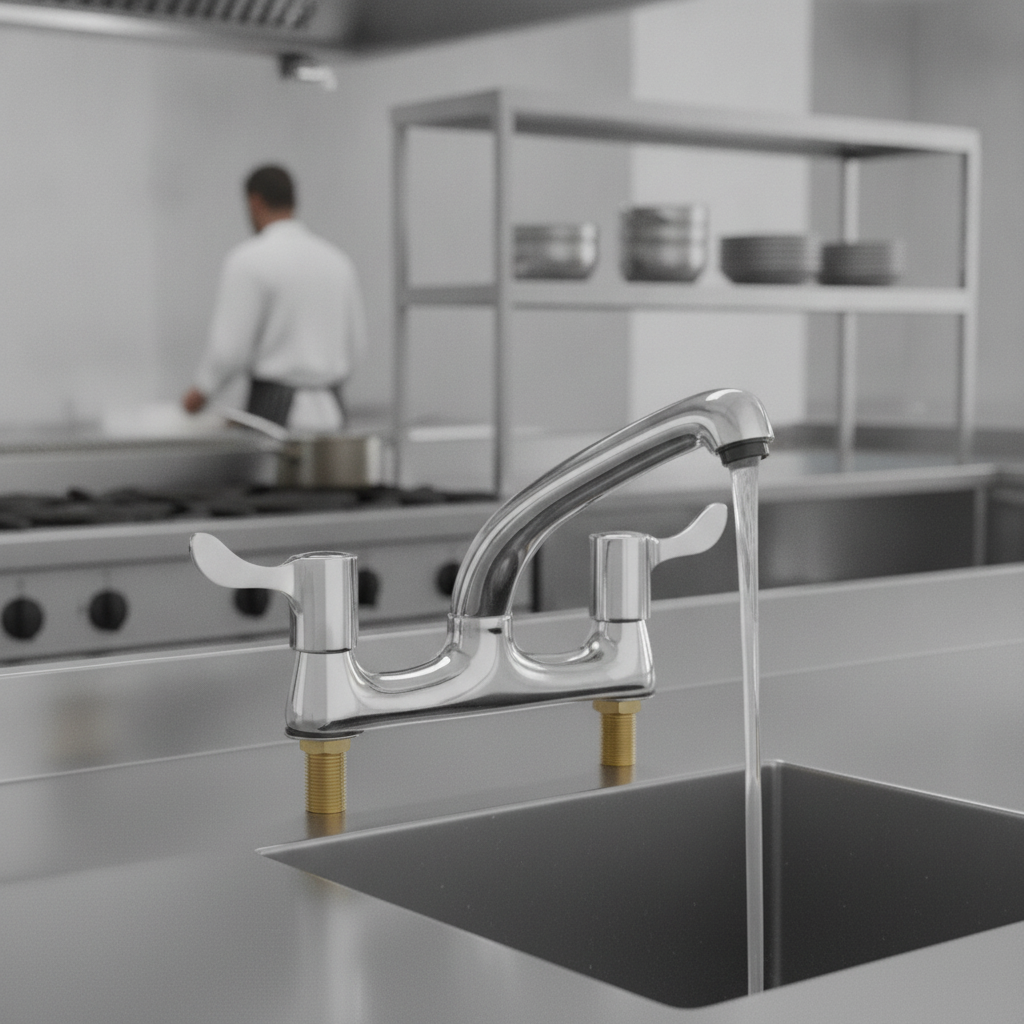 Polished Stainless Steel Twin Lever Deck Tap for Catering & Hospitality