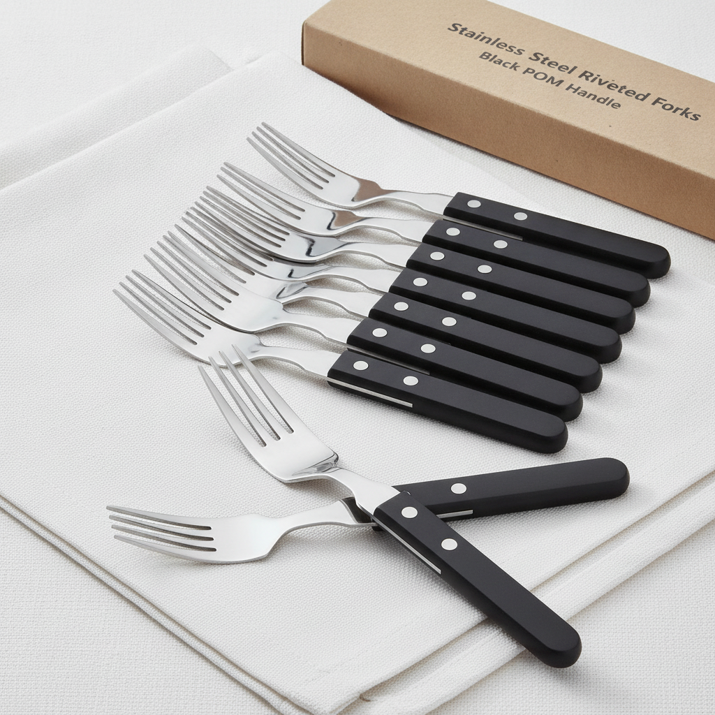Stainless Steel Riveted Forks with Black POM Handle for Restaurants (Pack of 12)