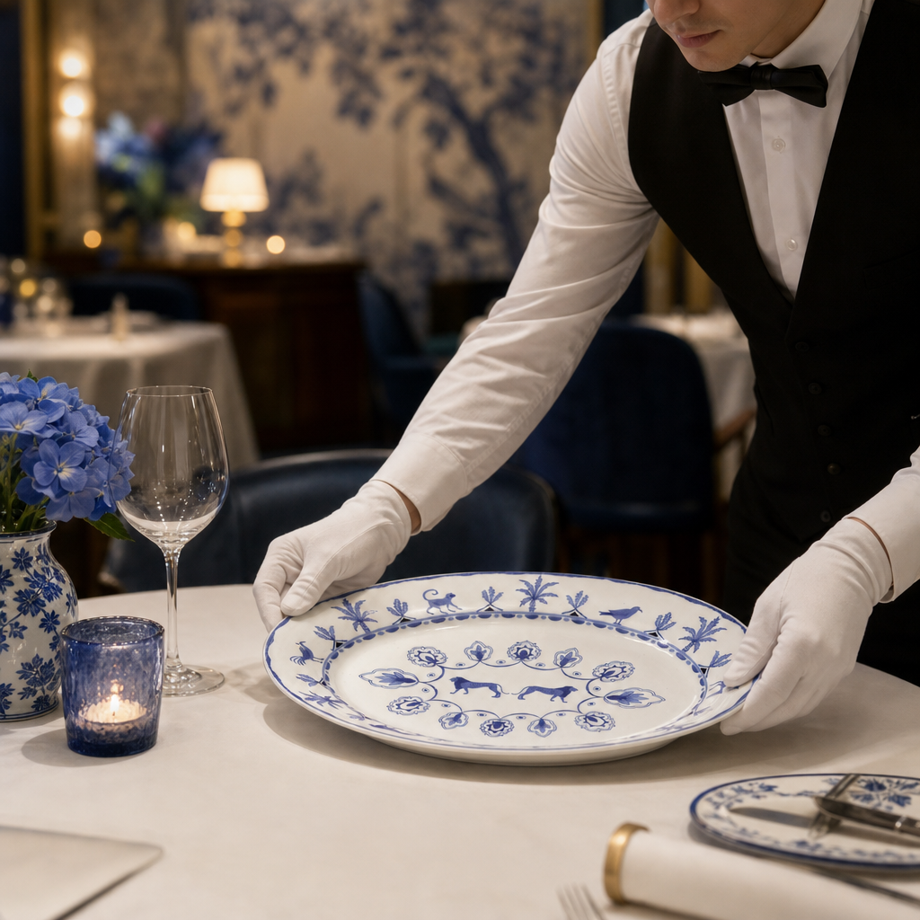 Oval Trays Exotic Patterns Blue Bone China for Table Settings (Pack of 6)