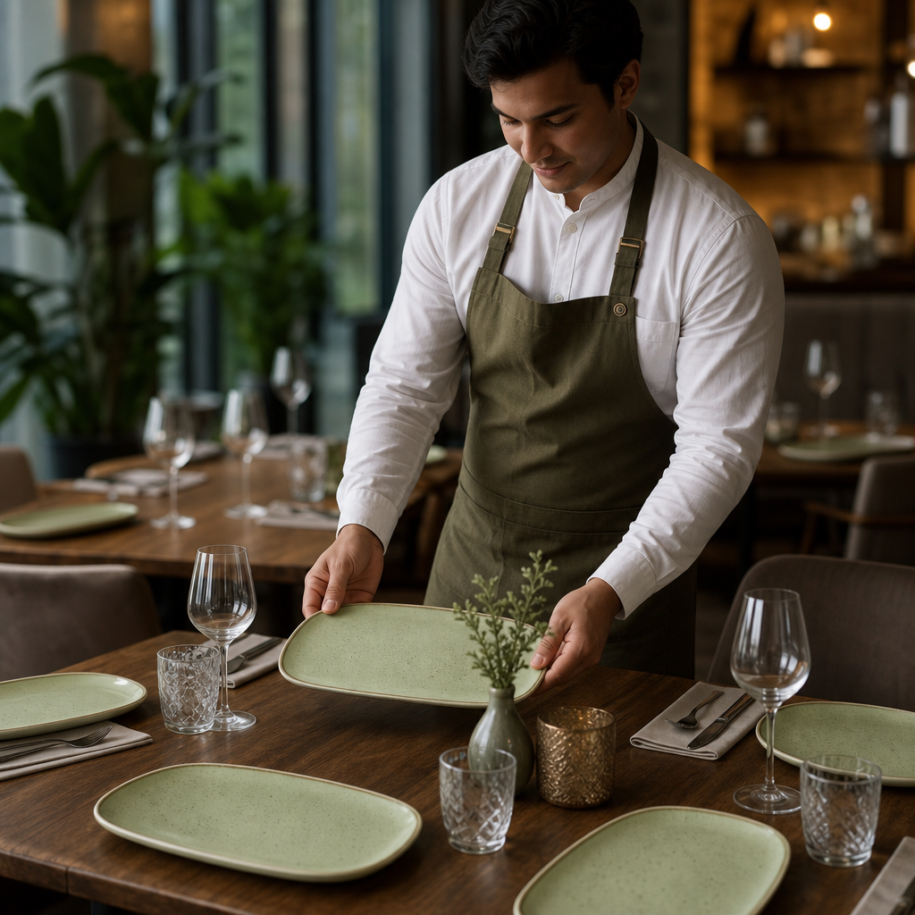 Oblong Plates 298mm Green Vitrified Ceramic for Dining Tables (Pack of 12)
