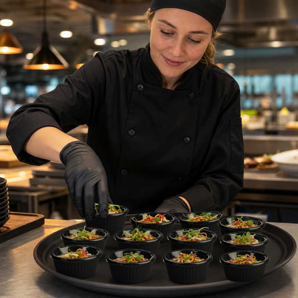 Fluted Ramekins 57ml Black Melamine for Schools & Nursing Homes (Pack of 12)