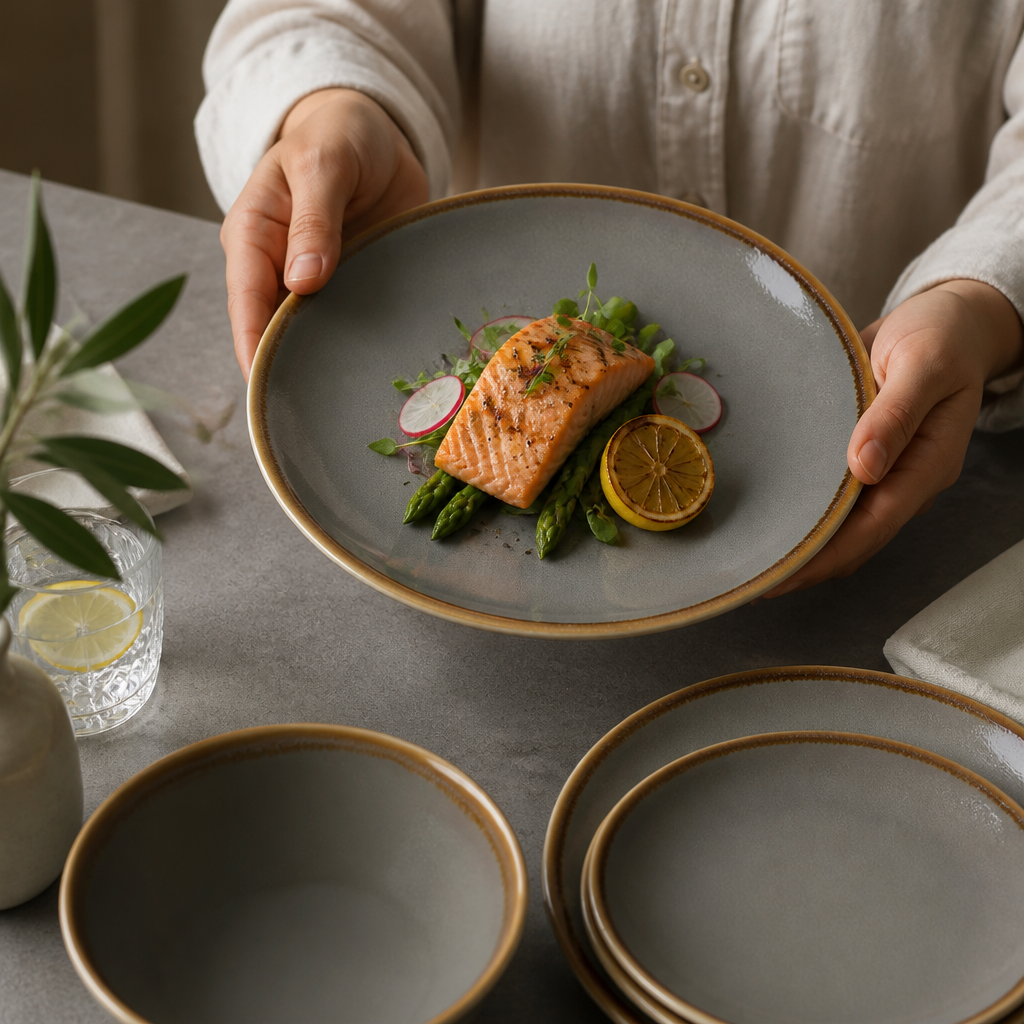 Olympia Kiln Round Coupe Plates in Smoky Grey for Contemporary Dining