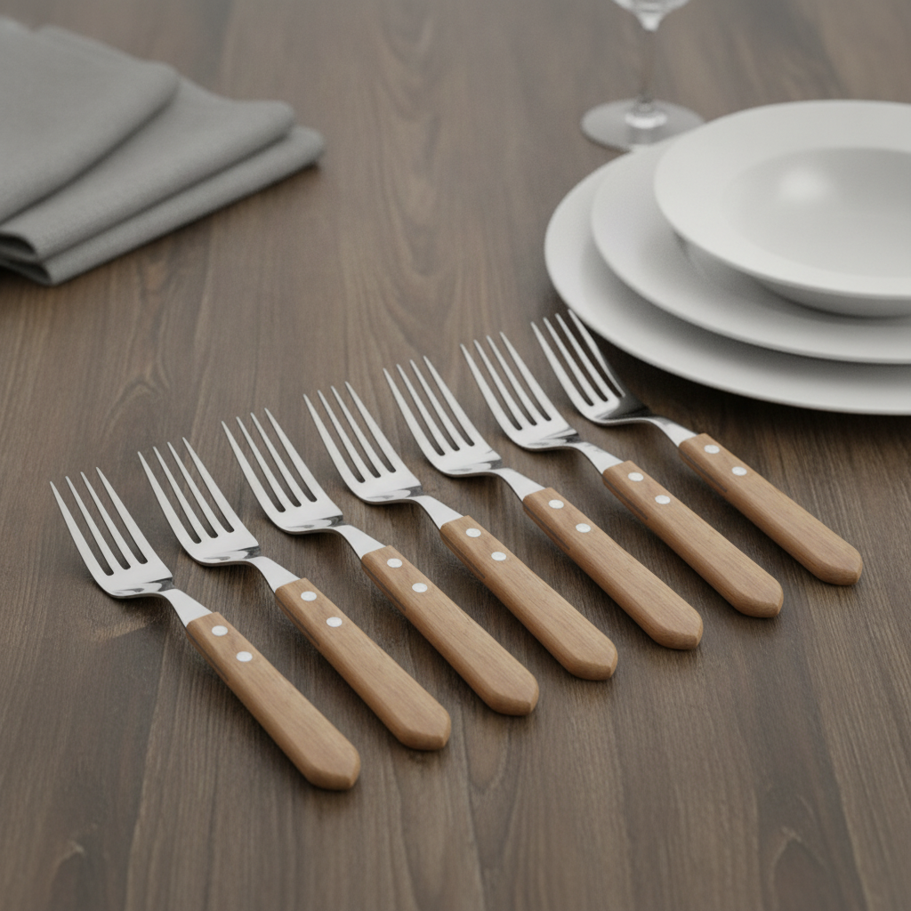 Stainless Steel Steak Fork with Acacia Wood Handle for Restaurants (Pack of 12)