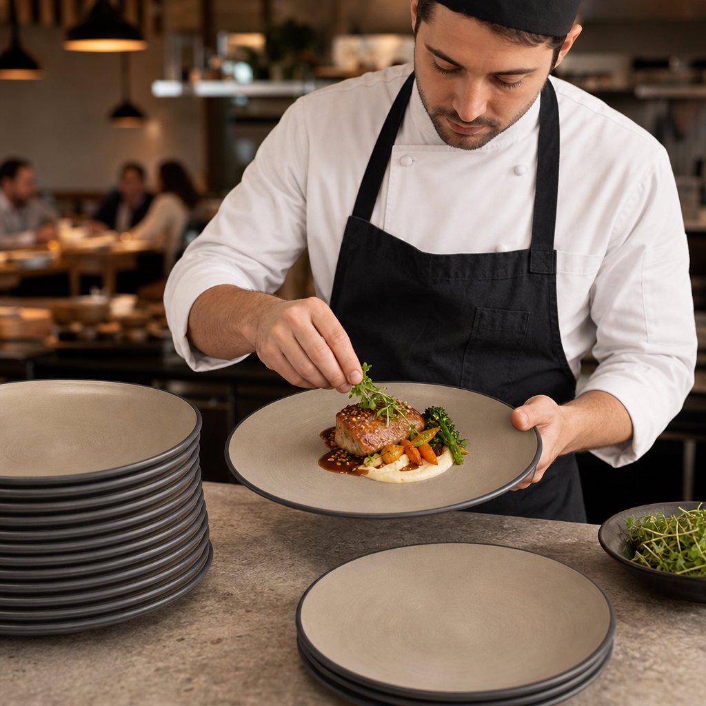 Round Plates 254mm Sandstone Melamine for Foodservice (Pack of 24)