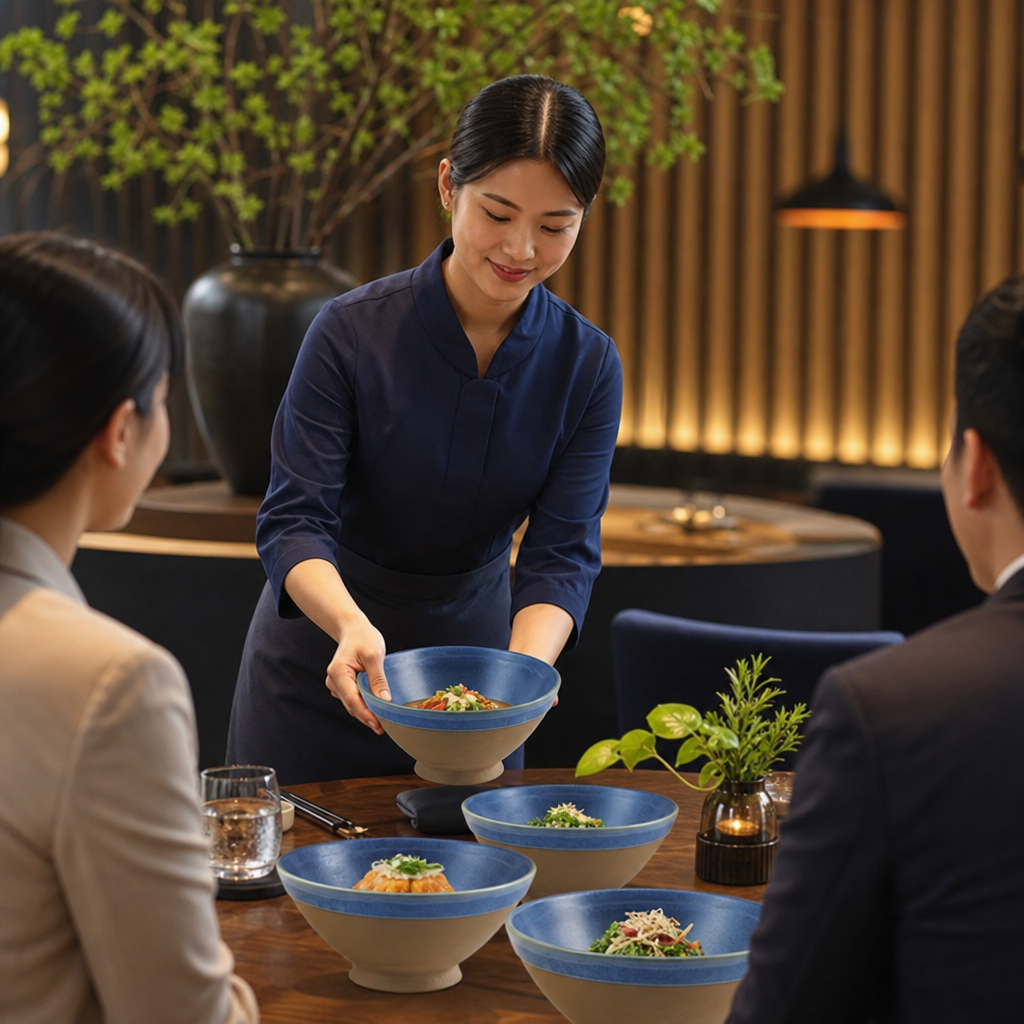 Footed Bowls Blue Vitrified Ceramic for Dining (Pack of 6)