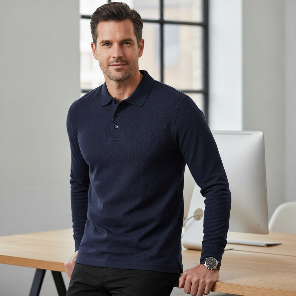 Polycotton Long Sleeve Polo Shirt Navy for Active Professionals