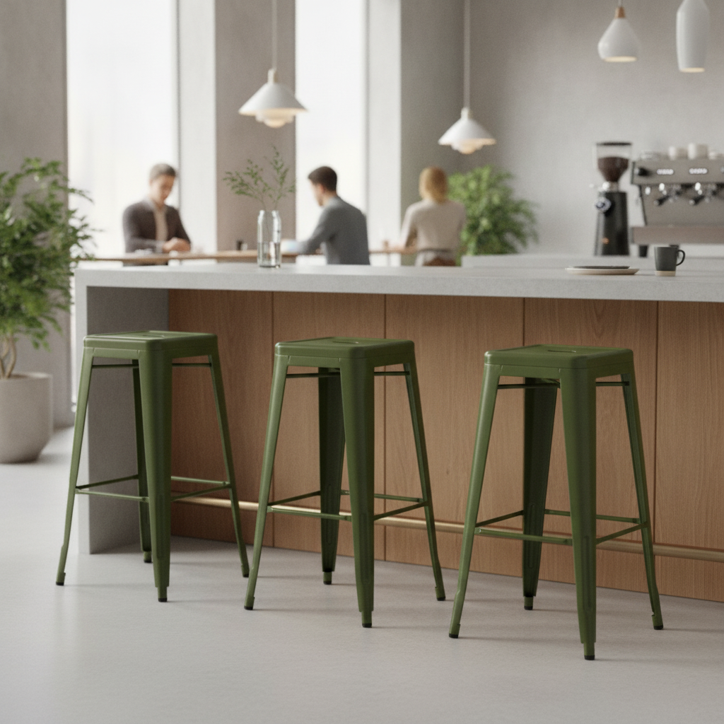 Powder-Coated Steel Olive Green High Stools 770mm for Cafes & Bistros (Pack of 4)