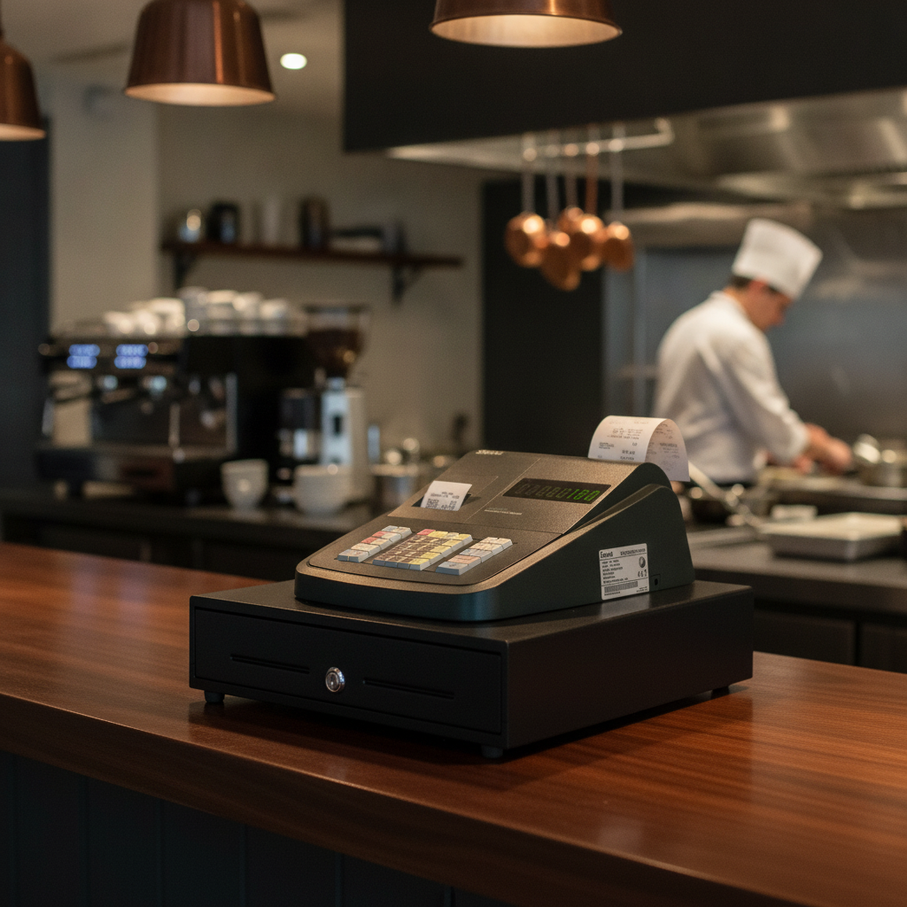 Compact Black Cash Register with Thermal Printer for Small Businesses