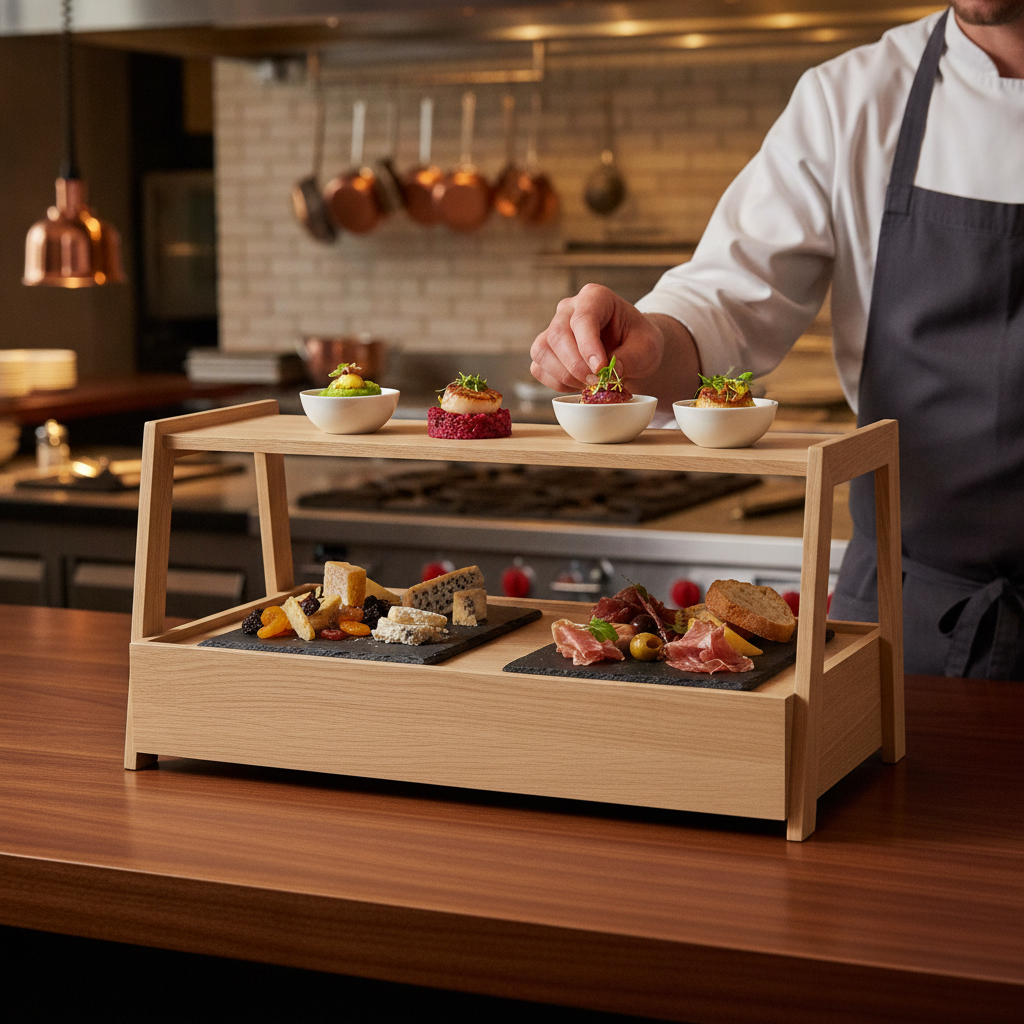 Oiled Oak Two-Tier Etagère 540mm for Elegant Culinary Displays
