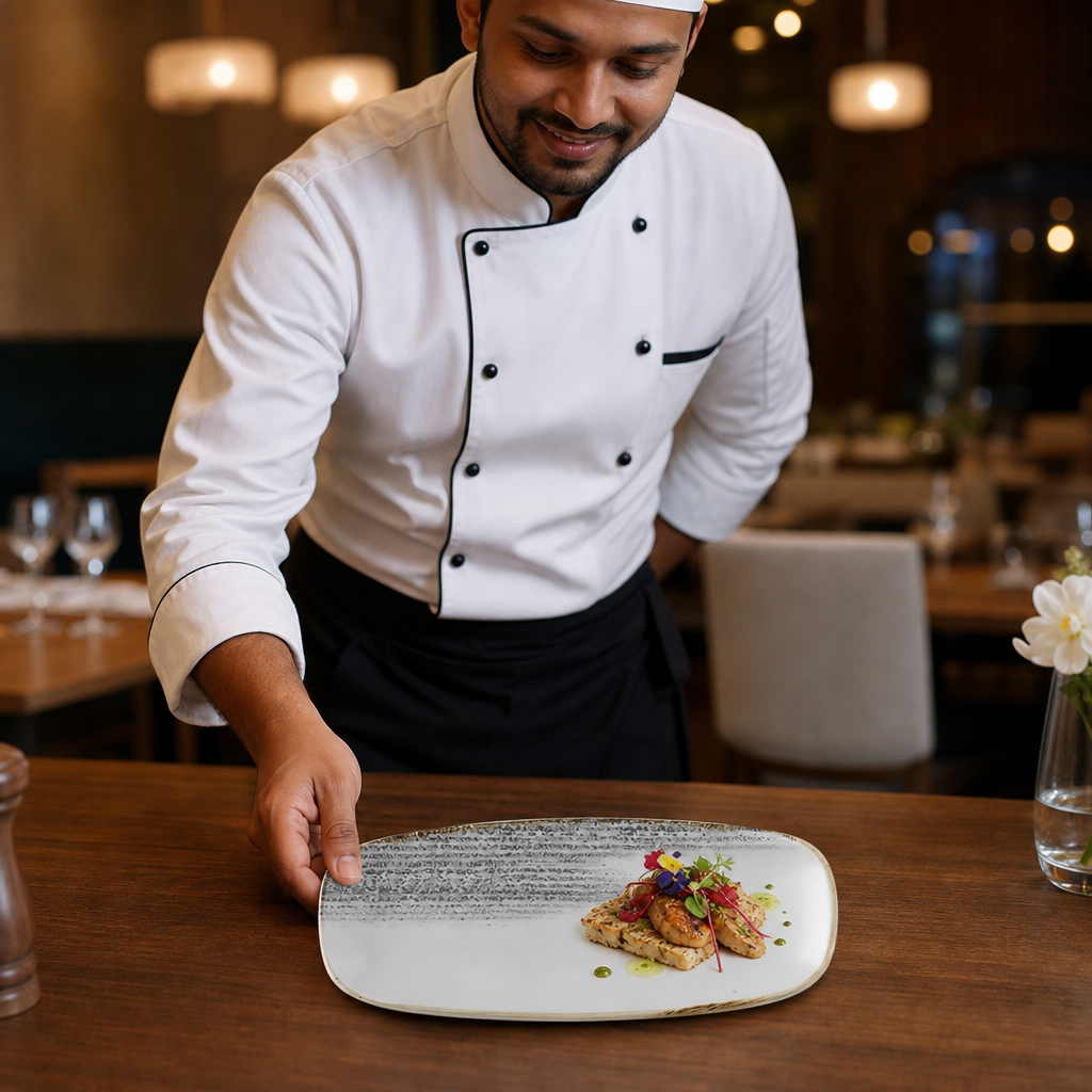 Chefs Oblong Plates Grey Vitrified Ceramic for Elegant Dining