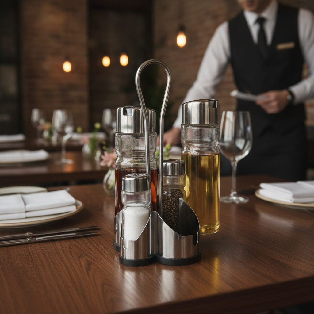 Stainless Steel Cruet Set with Stand 106x110mm for Dining Tables