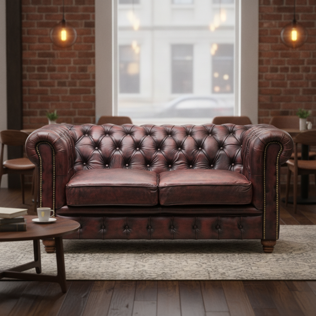 Antiqued Red Leather Chesterfield Two-Seater Sofa 780mm for Bars & Cafés