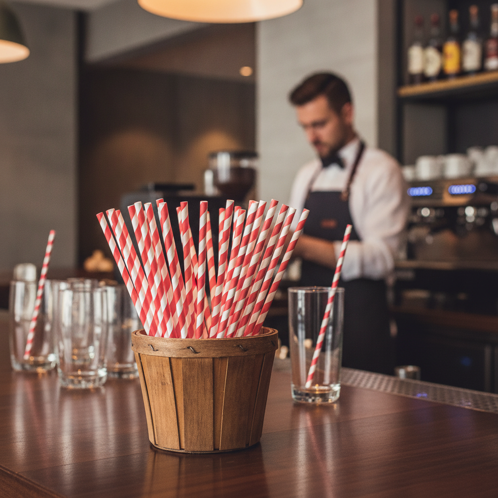 Compostable Paper Straws Red & White Stripe 6mm for Drinks Service (Pack of 250)