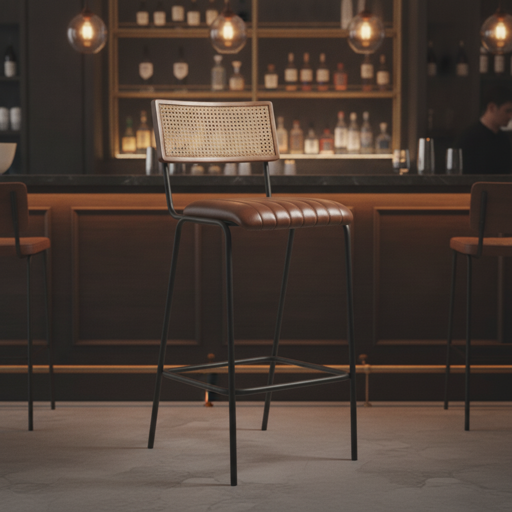 Genuine Leather Bar Stool with Cane Backrest 1010x530mm for Hospitality (Pack of 1)