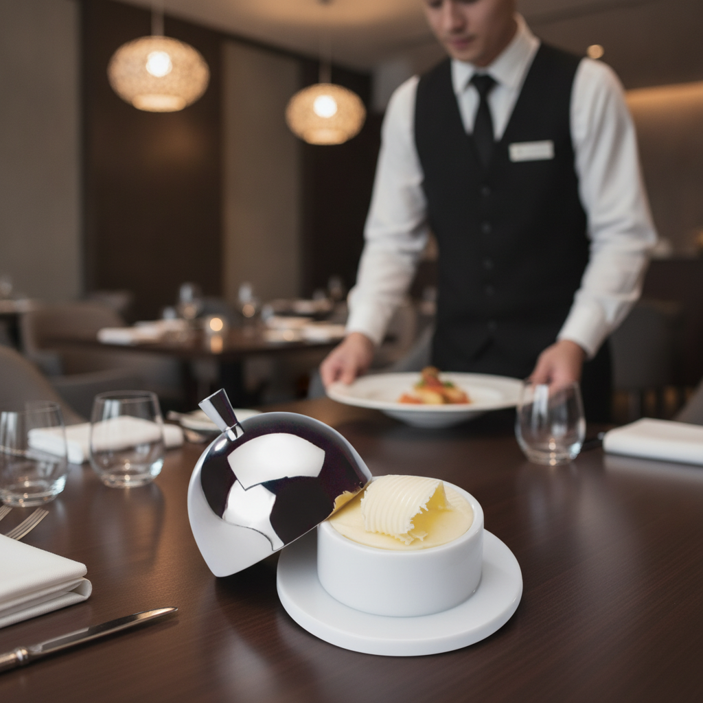 Stainless Steel Butter Dish with Porcelain Pad 90mm for Meal Service