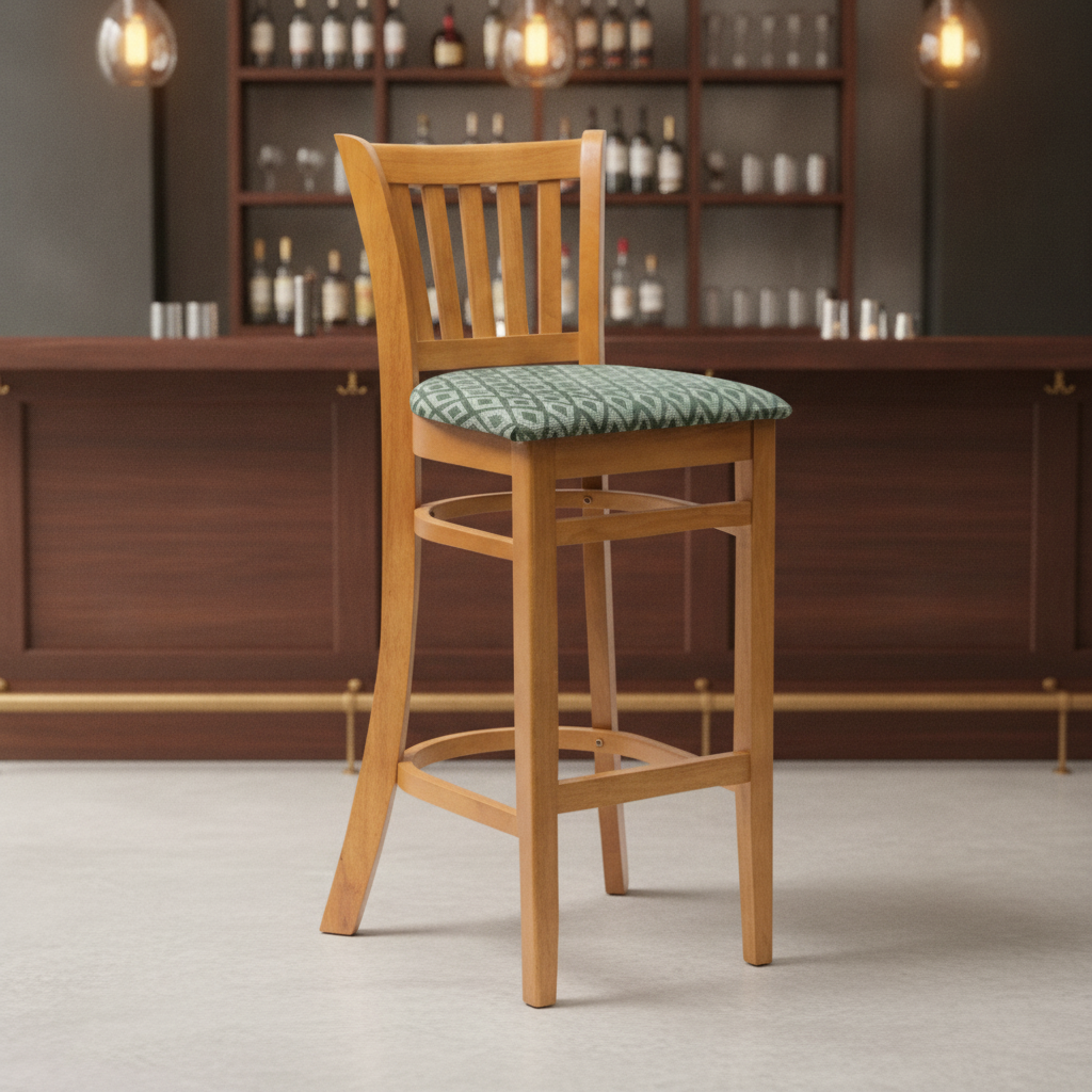 Rubber Wood Bar Chair with Green Padded Seat 1010x410mm for Hospitality Settings