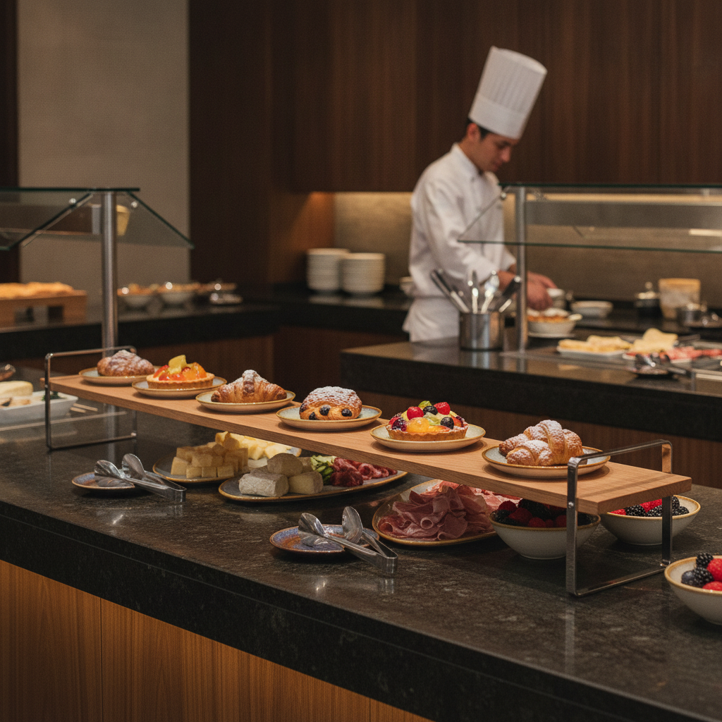 Oak Wood and Stainless Steel Extra Large Low Presentation Table for Buffet Displays