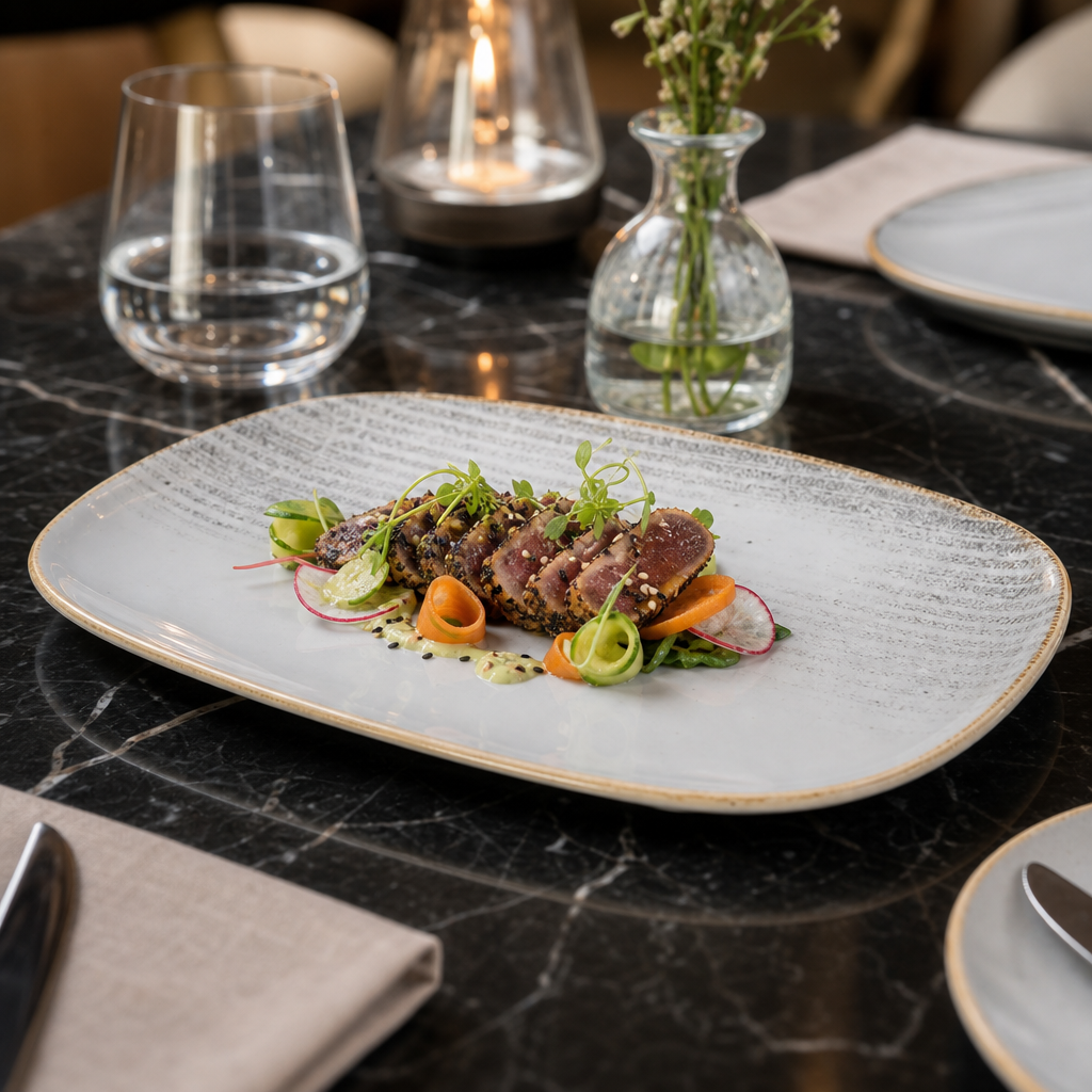 Chefs Oblong Plates Grey Vitrified Ceramic for Elegant Dining (Pack of 6)