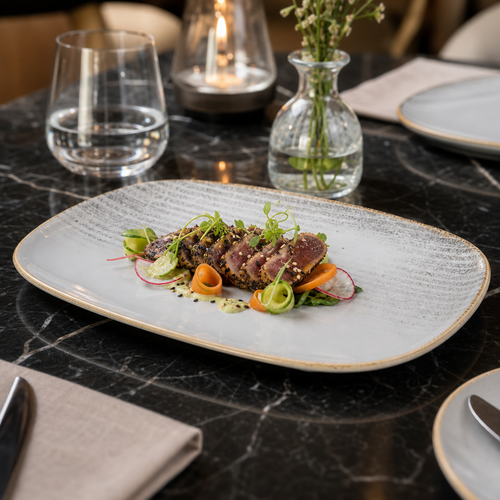 Chefs Oblong Plates Grey Vitrified Ceramic for Elegant Dining (Pack of 6)