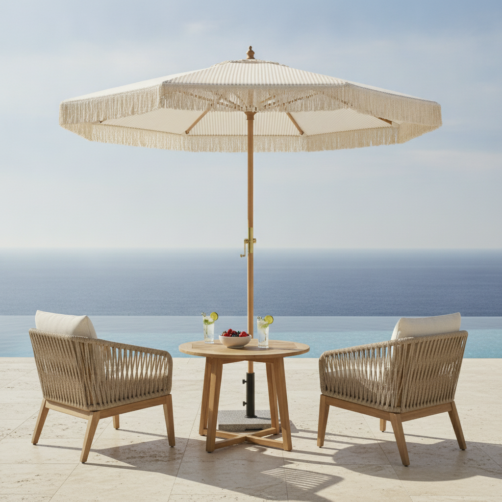 Hardwood & Plastic Round Striped Parasol 2.5m for Outdoor Areas