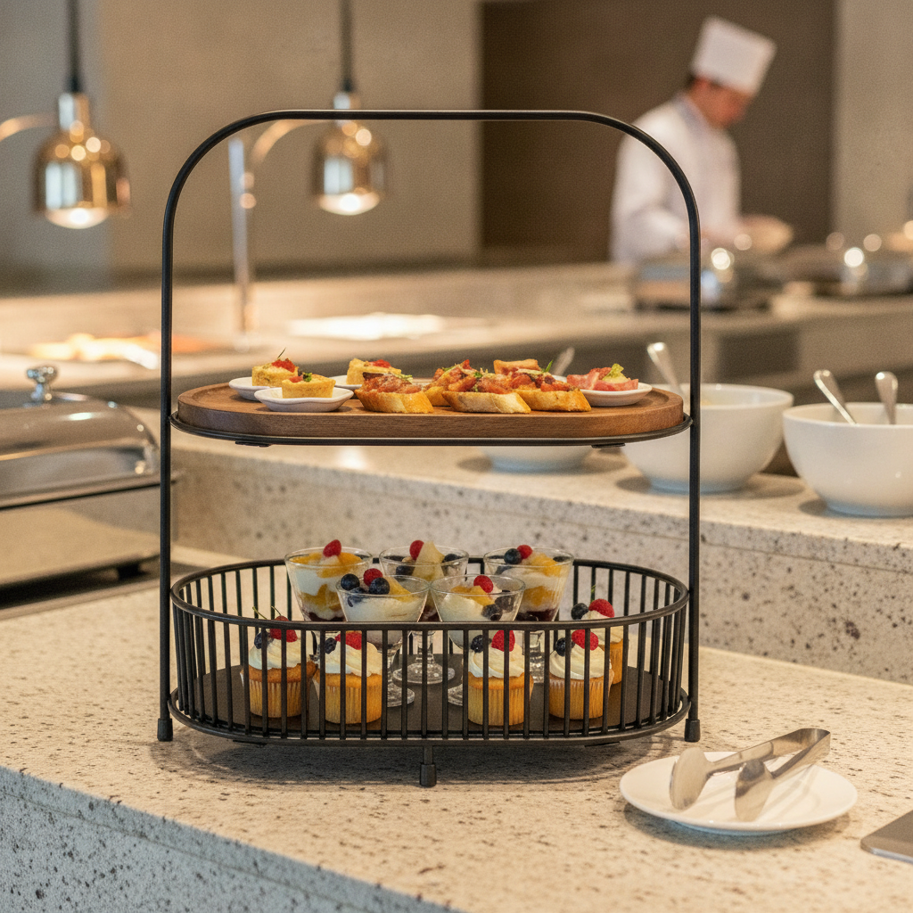 Metal Two-Tier Food Stand 375mm with Acacia Wood Boards for Buffets