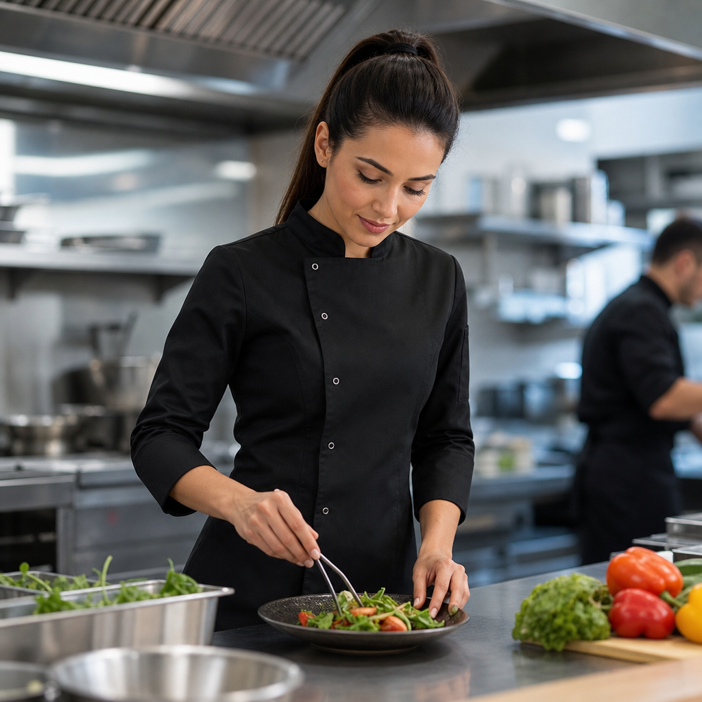 Ladies Fitted Chef Jacket in Black for Busy Kitchens