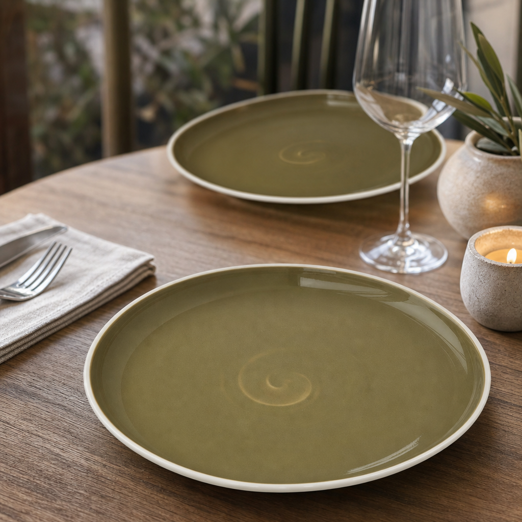 Coupe Plates Olive Green Vitrified Ceramic for Casual Dining (Pack of 12)