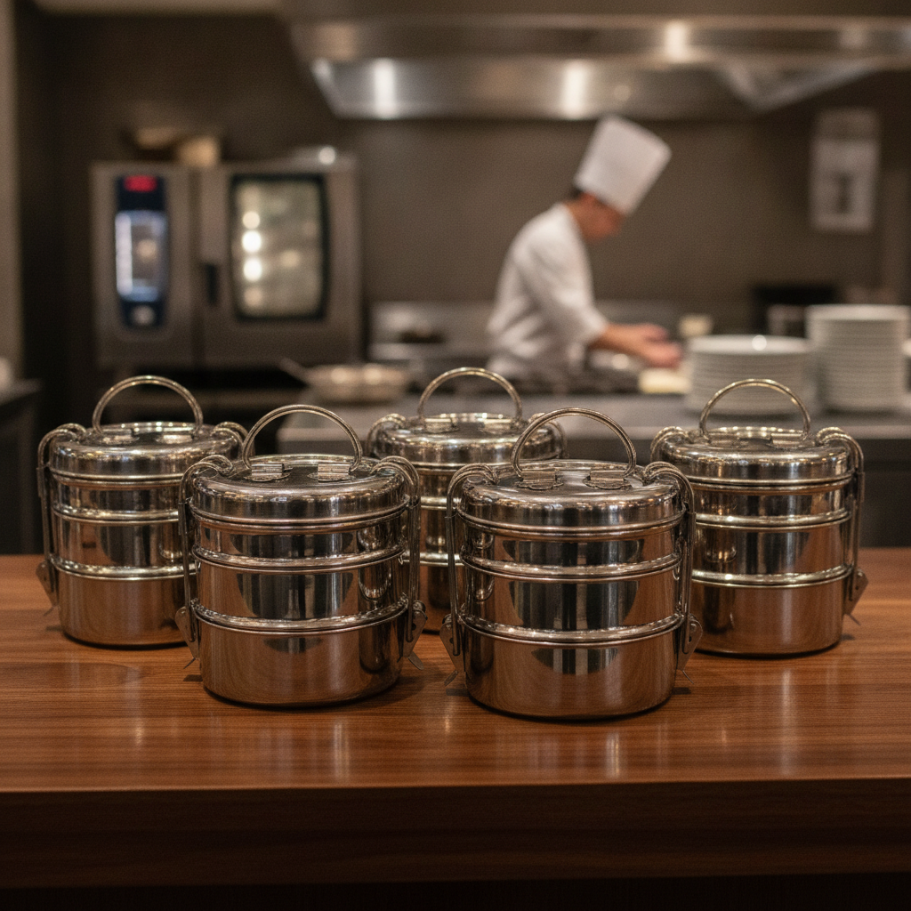 Stainless Steel Three-Tier Tiffin Tin 115mm for Meal Service (Pack of 6)