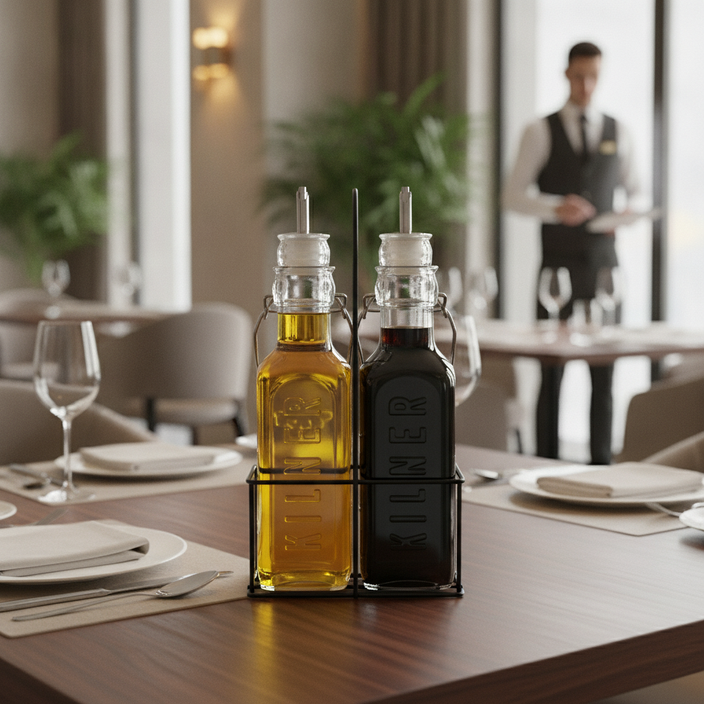 Glass Oil Bottles with Metal Rack 300ml for Dining Tables (Pack of 2)