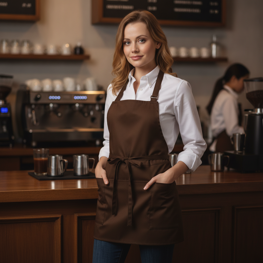 Polycotton Brown Short Bib Apron for Front of House Service