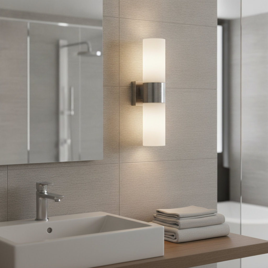 Glass Double Wall Light in Brushed Steel for Bathrooms & Hallways